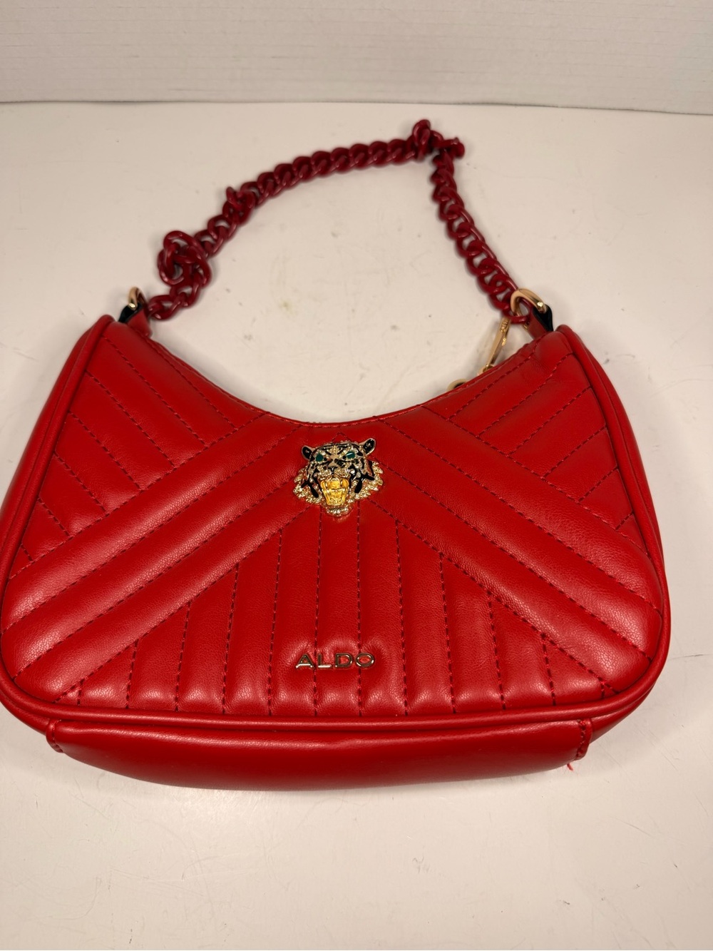 Aldo Red Handbag With Tiger Embellishment And Chain Strap
